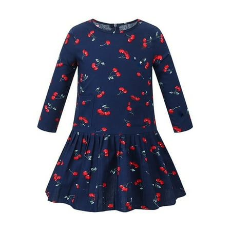

2023 New Girls Princess Evening Dresses Toddler Kids Girls Floral Fruit Cherry Long Sleeves Pockets Beach Dress Princess Clothes