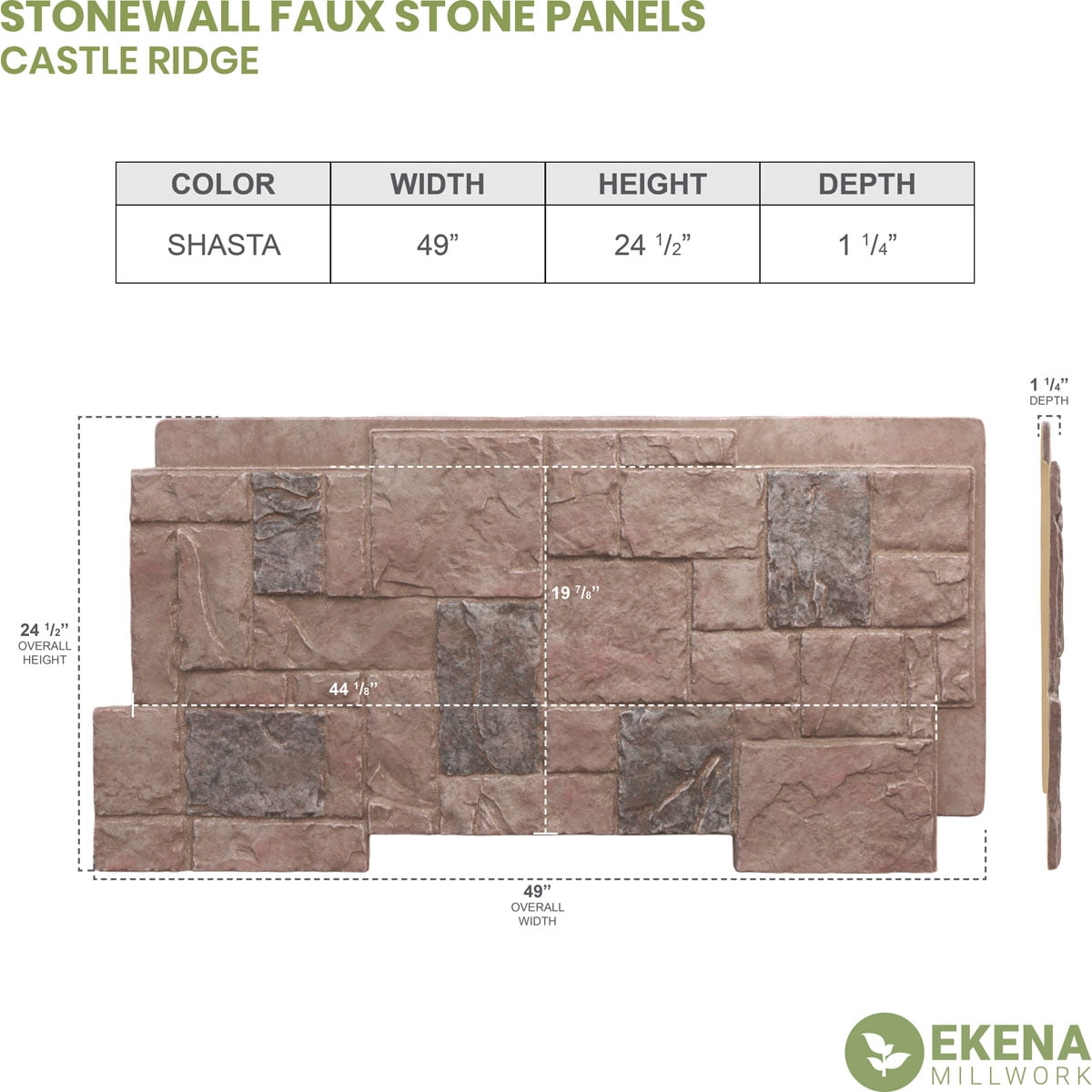 Ekena Millwork 49"W x 24 1/2"H x 1 1/4"D Castle Rock Stacked Stone, EverStone Faux Stone Siding Panel, Shasta