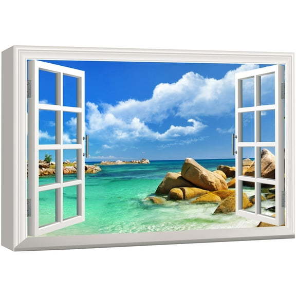 wall26 Canvas Print Wall Art Window View to The Rocky Teal Beach Nature Wilderness Photography Realism Rustic Landscape Colorful Multicolor Ultra for Living Room, Bedroom, Office - 24"x36"