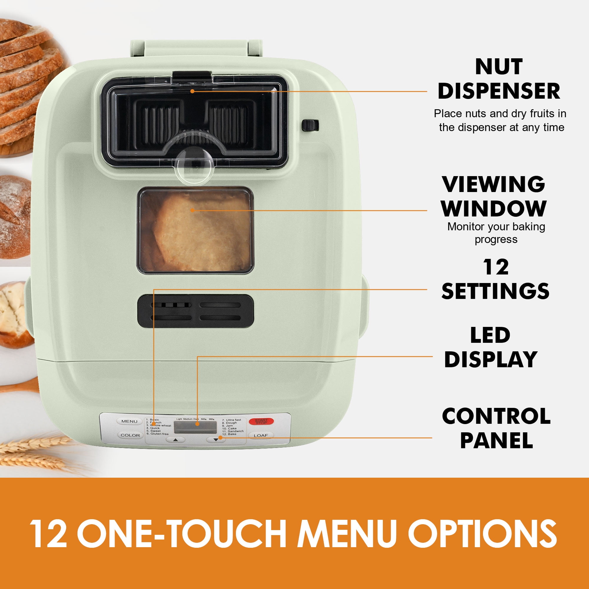 Kitchen in the Box 2lb Bread Maker with Auto Fruit Nut Dispenser, 12-in-1 Gluten-Free Bread Machine, 13H Delay Timer, Nonstick Pan, Keep Warm, Green