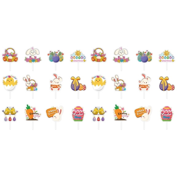 YWIYIUD 24PCS Easter Cupcake Toppers Egg Rabbit Chicks Carrot Pattern Cupcake Toppers for Easter Birthday Spring Theme Party Supplies Cake Decoration Easter Party Cake Flag Supplies 2inch