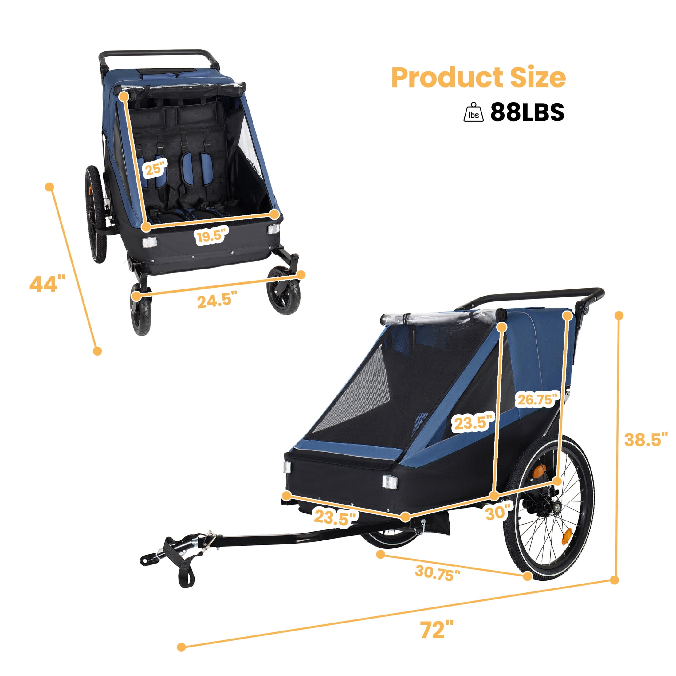 Noble House 2-in-1 Kids Bike Trailer & Jogging Stroller for 1 to 2 Children, Foldable Compact Storage Bags, Dark Blue
