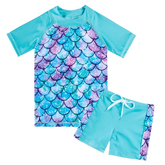 Lanbubble Girls Rash Guard Swimsuit Set Short Sleeve UPF 50 2 Pieces Bathing Suit 5-6 Years