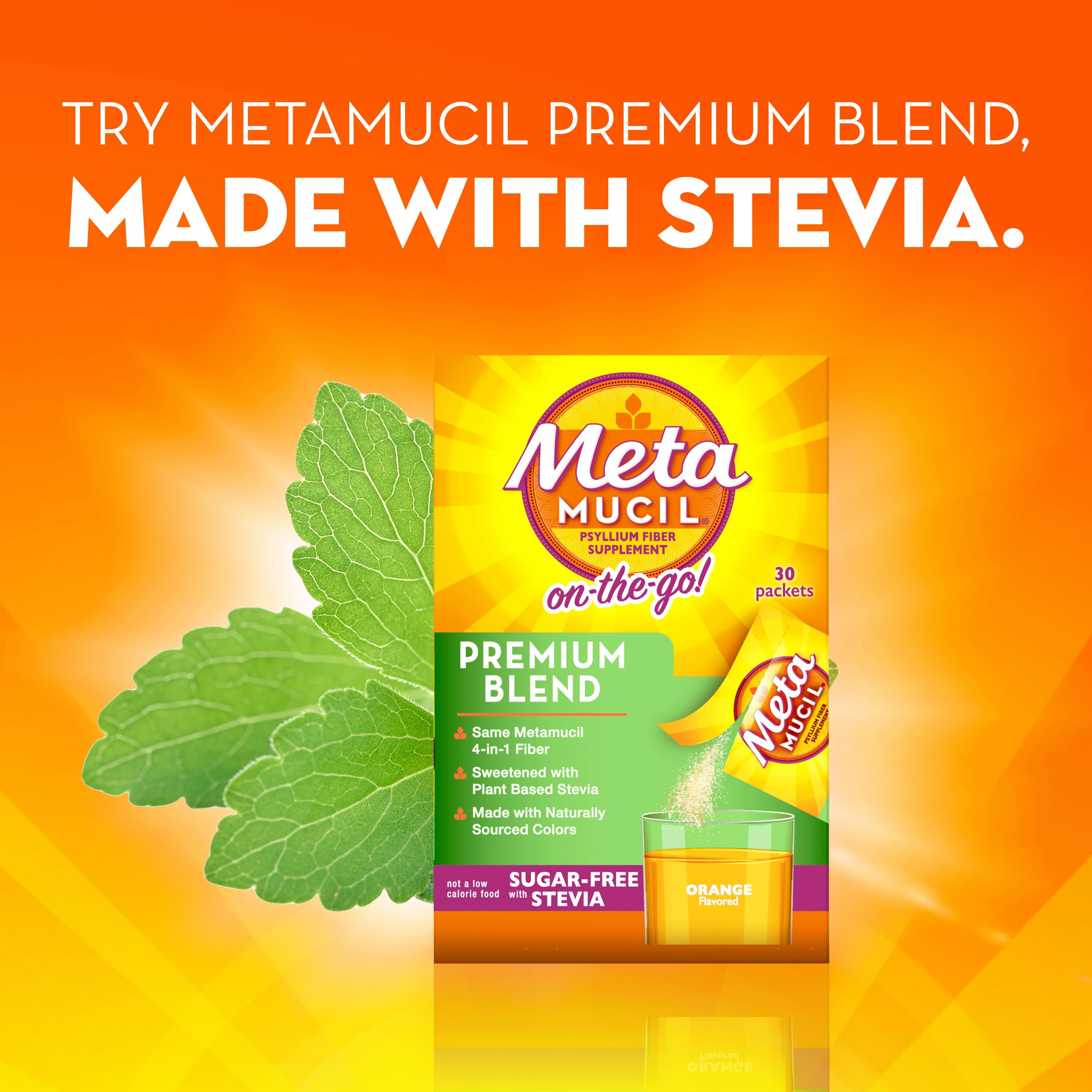 Metamucil On-the-Go, Premium Blend, Psyllium Fiber Powder Supplement, Sugar-Free with Stevia, Orange Flavor, 30 Packets