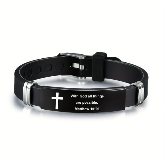 Men's Stainless Steel Inspirational Bracelet - Adjustable Black Leather Strap, "With God All Things Are Possible" Matthew 19:26, Fashionable & Durable,Black