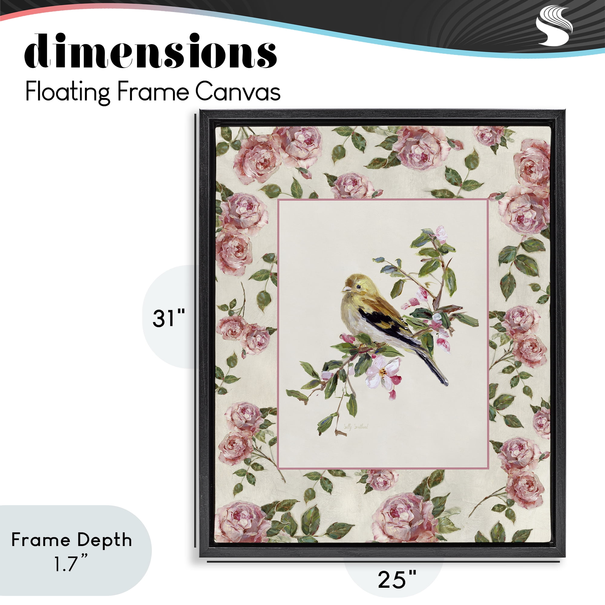 Stupell Industries Perched Bird with Dainty Roses Black Framed Floater Canvas Wall Art, design by Sally Swatland