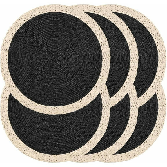 6 Pcs Round Wicker Placemats, 15 Inch Braided Hand Woven Table Mats, Heat Resistant Non-Slip Wipeable Wide Edge Place Mats for Kitchen Dining Indoor Outdoor Use