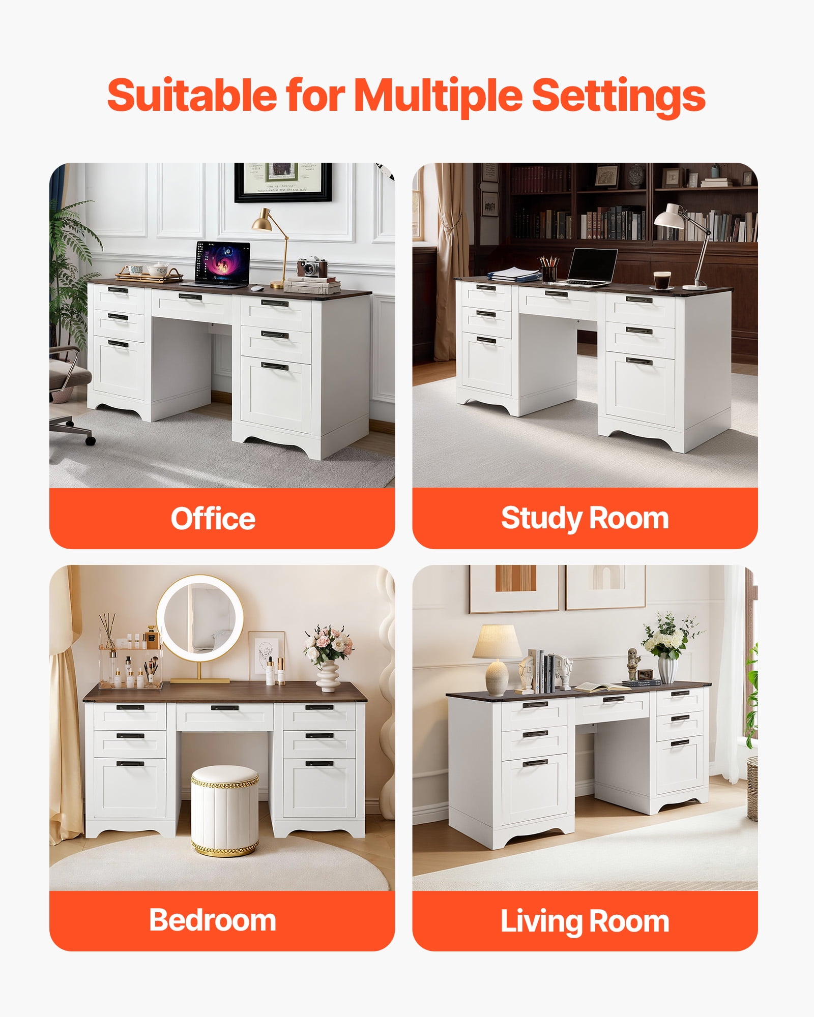 VEVOR Executive Desk, Farmhouse Office Table with Charging Station, Heavy Duty Particle Board Executive Table with Storage Drawers, 200 LBS Load Capacity, Easy Assembly, for Work Study Writing