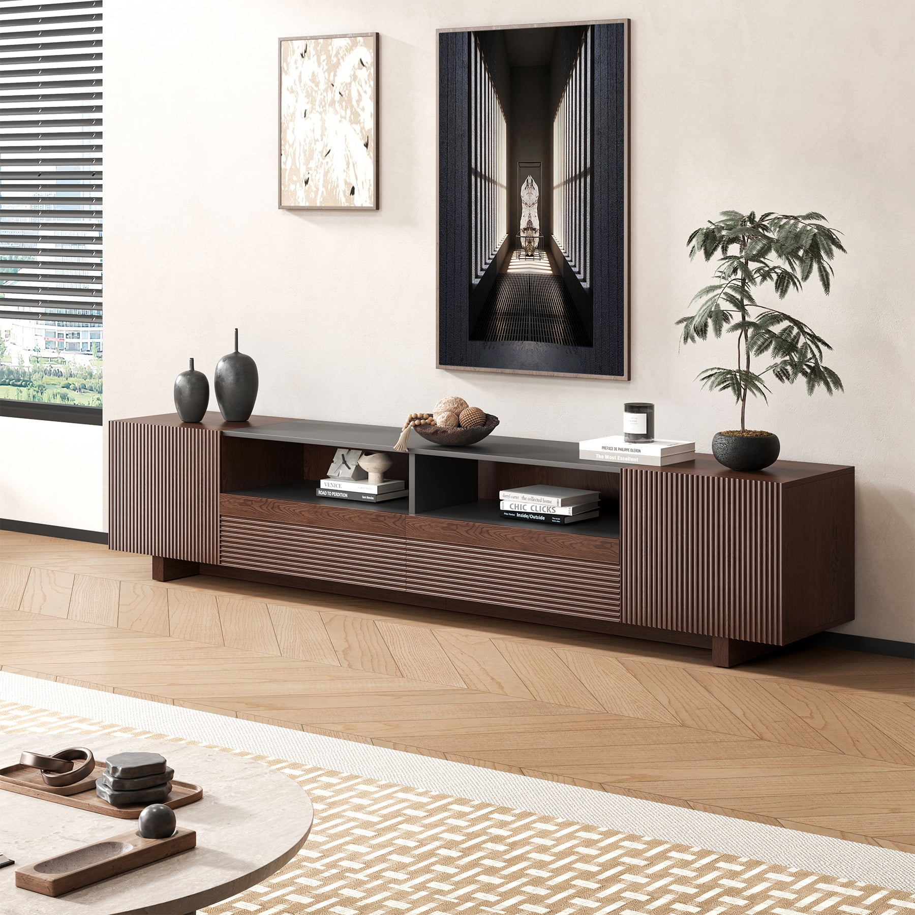 78.8 Inch TV Stand with Storage Cabinets for Living Room, TVs Media Console Entertainment Center with Drawers, Wood Fluted Television Stands with Open Shelves for Bedroom, Dark Brown Walnut