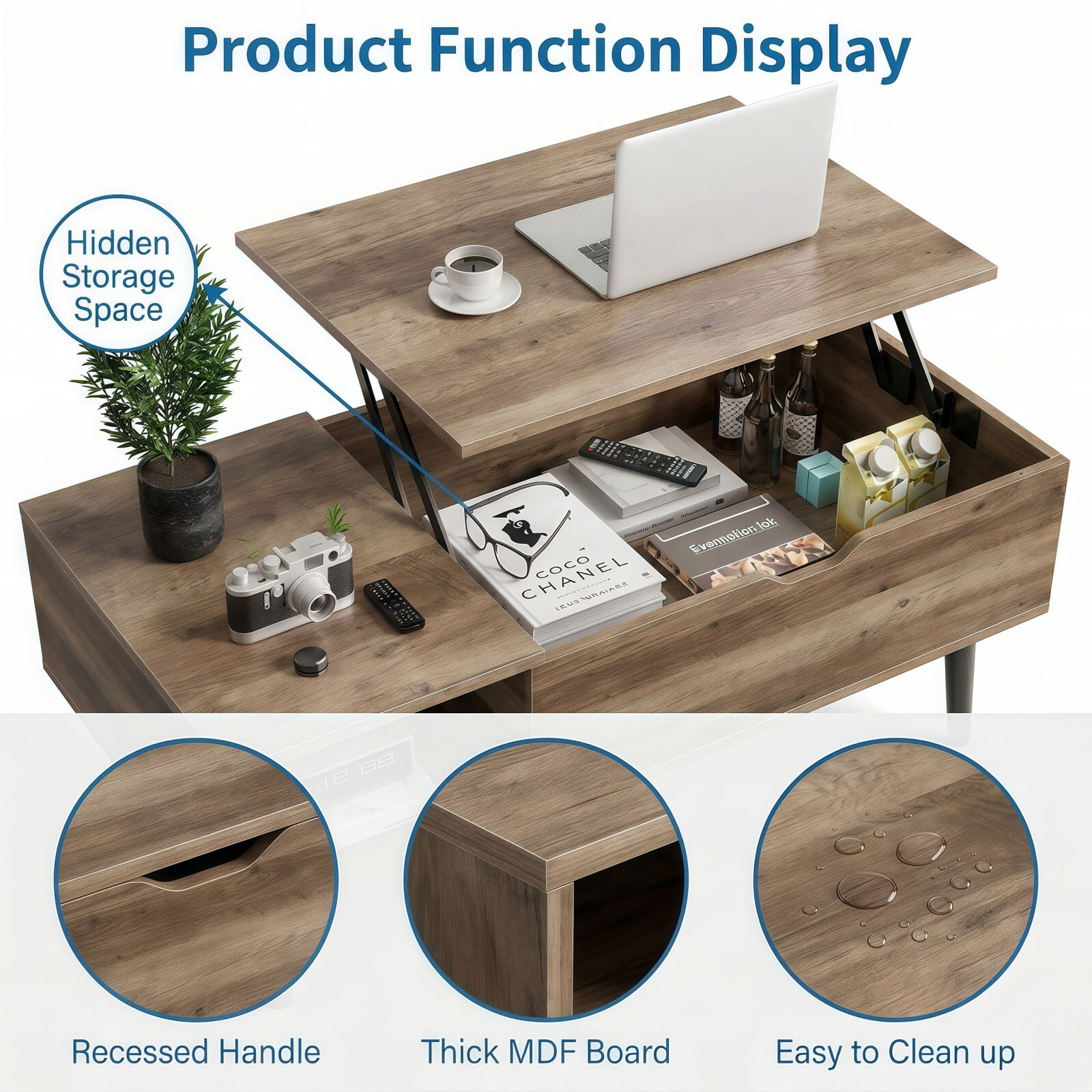 Kelno Lift Top Coffee Table with Hidden Compartment and Storage Shelves Wood Dining Center Table, Gray