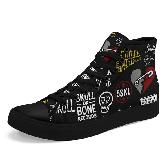 Coolcustomize Men's Gothic Punk Sneakers - High-Top Lace-Up Boots with Skull & Music Note Graphics - Black/Red/White/Gray Concert Shoes for Alternative Fashion - Ideal for My Chemical Romance Fans