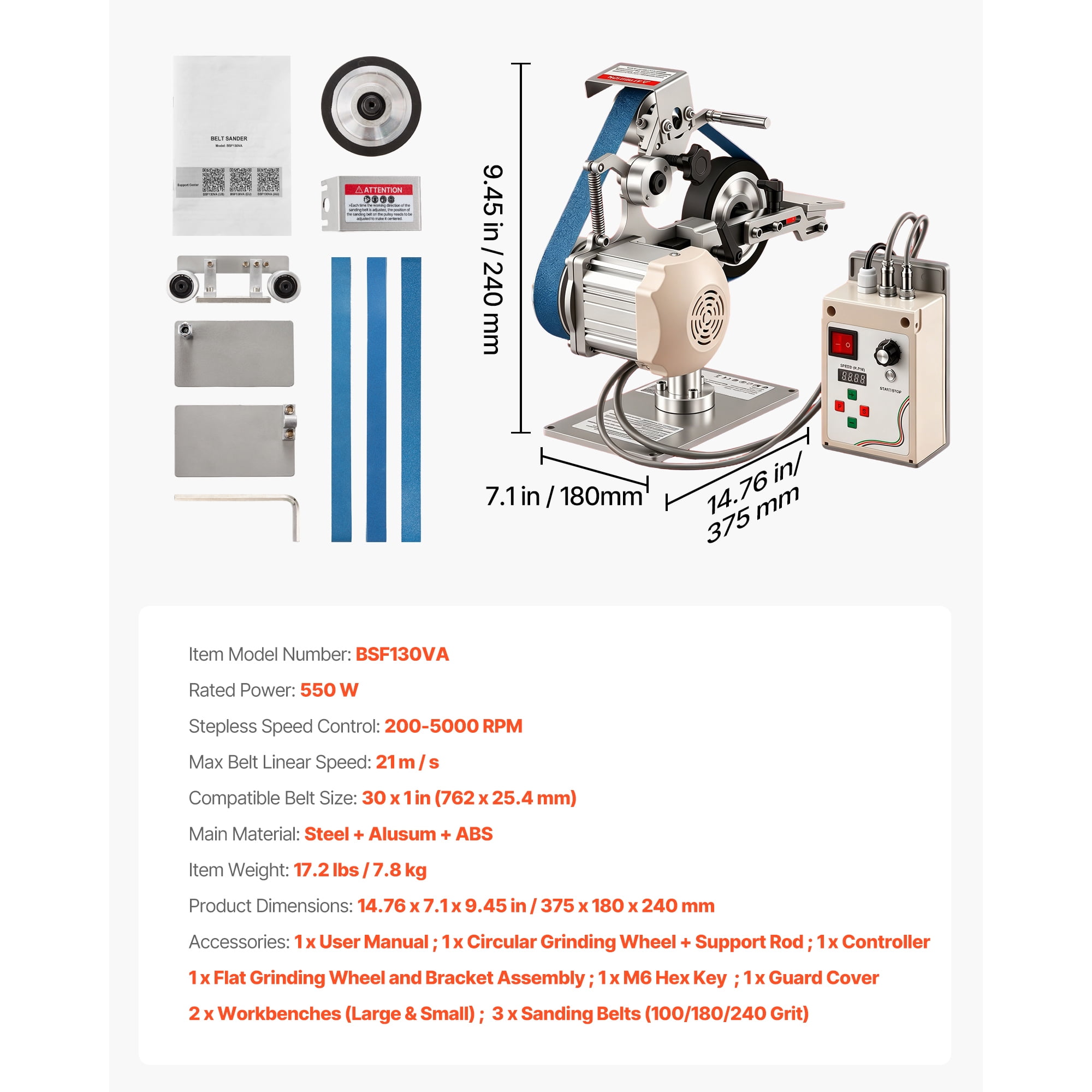 KFFKFF Belt Grinder Sander with VFD, 30 x 1-Inch Adjustable Speed Belt Polisher, 550W Grinding Machine with Dual Modes & 3 Sanding Belts for Metalworking and Knife Crafting