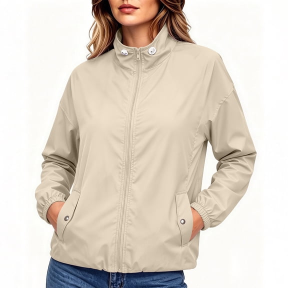 Women's Long-sleeved Windbreaker Baeitkot Women's Solid Color Zippered Long-sleeved Windbreaker with Pockets Beige XL