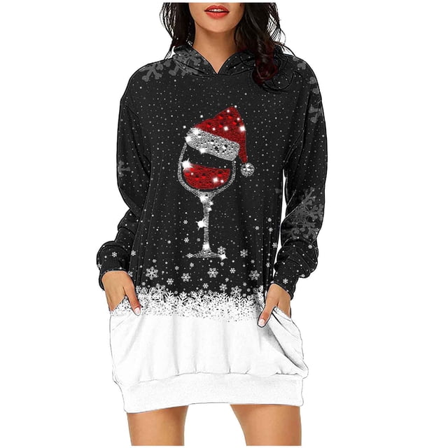 Pisexur Robes de Noël pour Femmes Mode Imprimé Flocon de Neige Sweat à Capuche Robe Décontractée Manches Longues Robes d'Automne Robe de Fête Mini Robe avec Poches