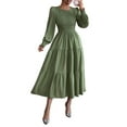 thumbnail image 2 of Autumn Women'S Long Sleeve Ruffled Round Neck Layered Flowing Wedding Guest Maxi Dress Army Green M, 2 of 7