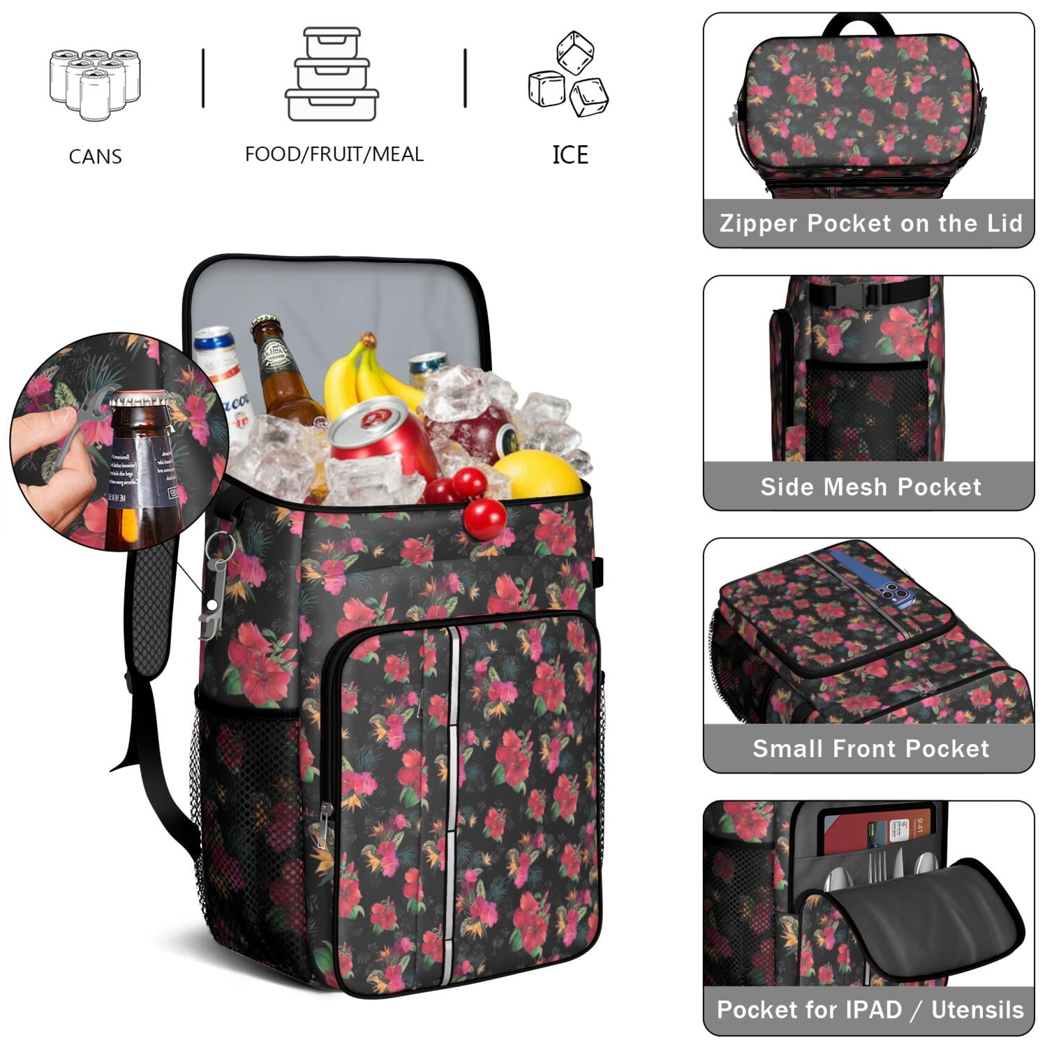 Travel Cooler Bag - Pioneer Flower Floral Print Pattern Camping Beer Cooler Backpack with Bottle Opener- Waterproof Insulated Picnic Backpacks - Cooler Bag for Beach