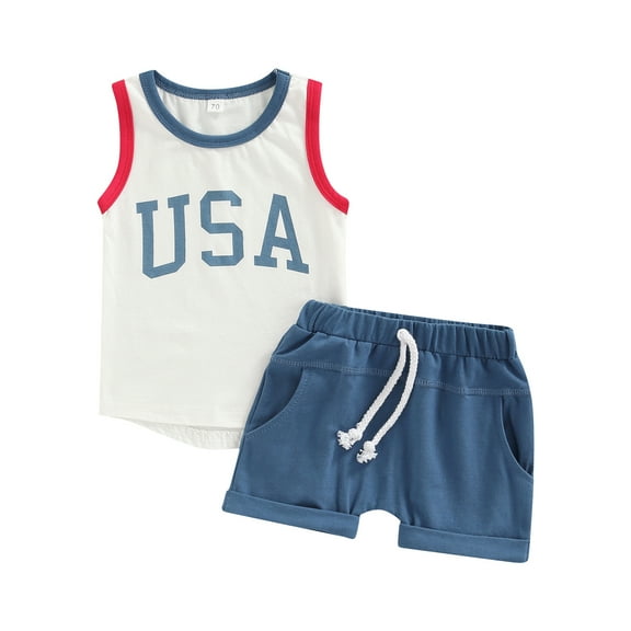 Musuos Baby Boys Summer Outfit Sets White Sleeveless Letter Print Vest   Blue Casual Shorts