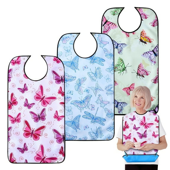 3 Pack Adult Bib Washable Reusable Waterproof Clothing Protector with Optional Crumb Catcher and Vinyl Backing 34"X18" (Butterfly Pattern)