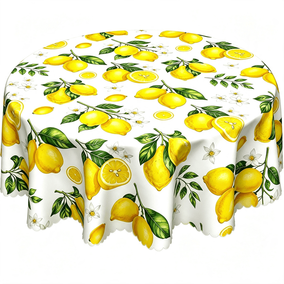 Odenmar 60 inch Round Tablecloth, Featuring Lemon Leaf Blossom Pattern, Made from Polyester Fabric for Dining Kitchen Party Home Decor
