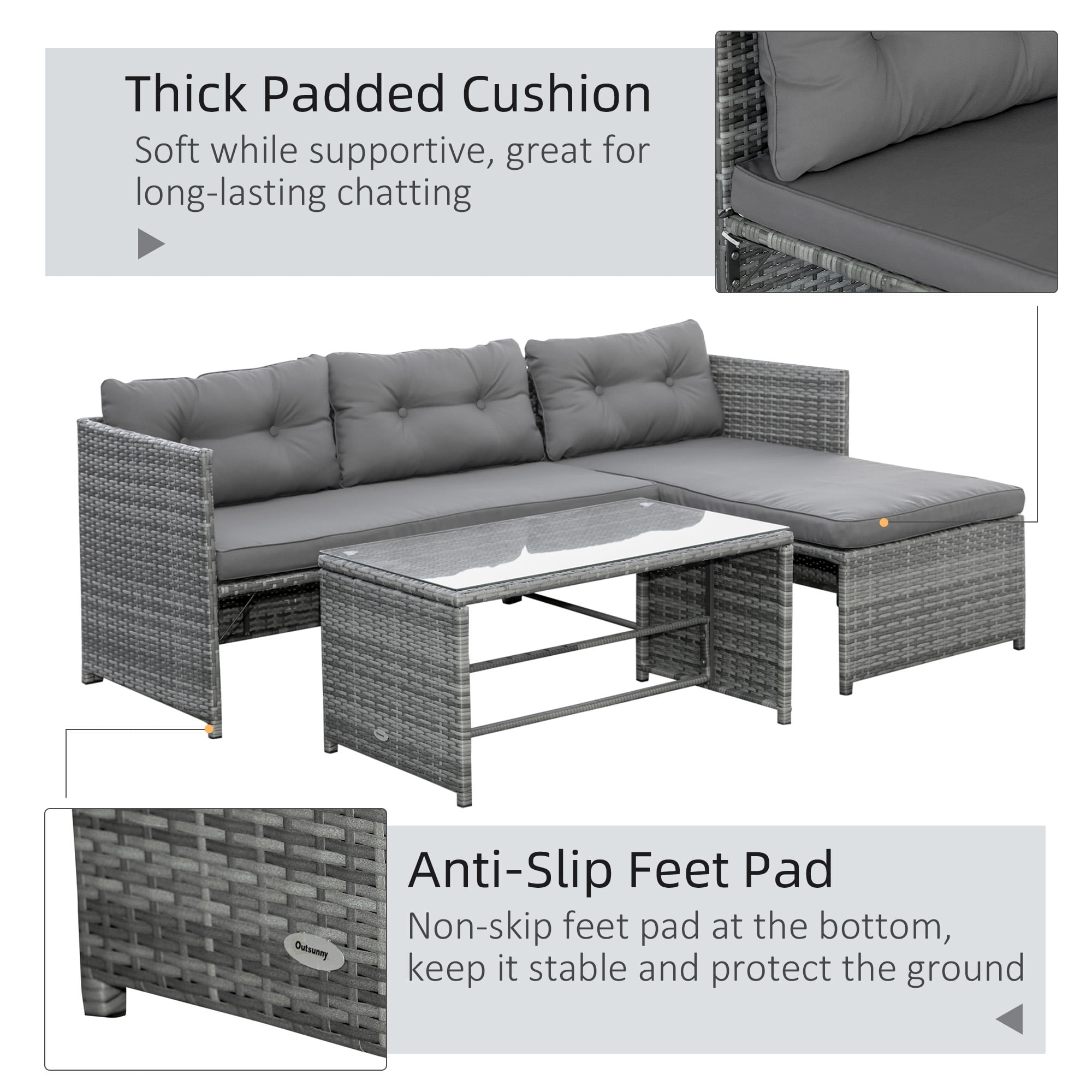 Outsunny 3 Piece Patio Furniture Set, Rattan Outdoor Sofa Set with Chaise Lounge & Loveseat, Soft Cushions, Tempered Glass Table, L-Shaped Sectional Couch, Charcoal