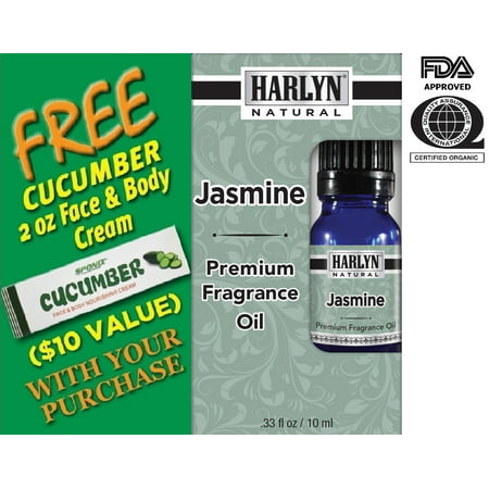 Best Jasmine Fragrance Oil 10 mL - Top Scented Perfume Oil - Premium Grade - by Harlyn - Includes FREE Cucumber Face & Body Nourishing