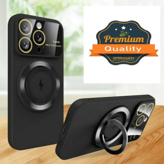 Phone Case for Apple iPhone 15 Pro Max (6.7") Magnetic Ring Stand Circle Hybrid with Lens Protector Glass [Compatible with MagSafe] Cover [Black]