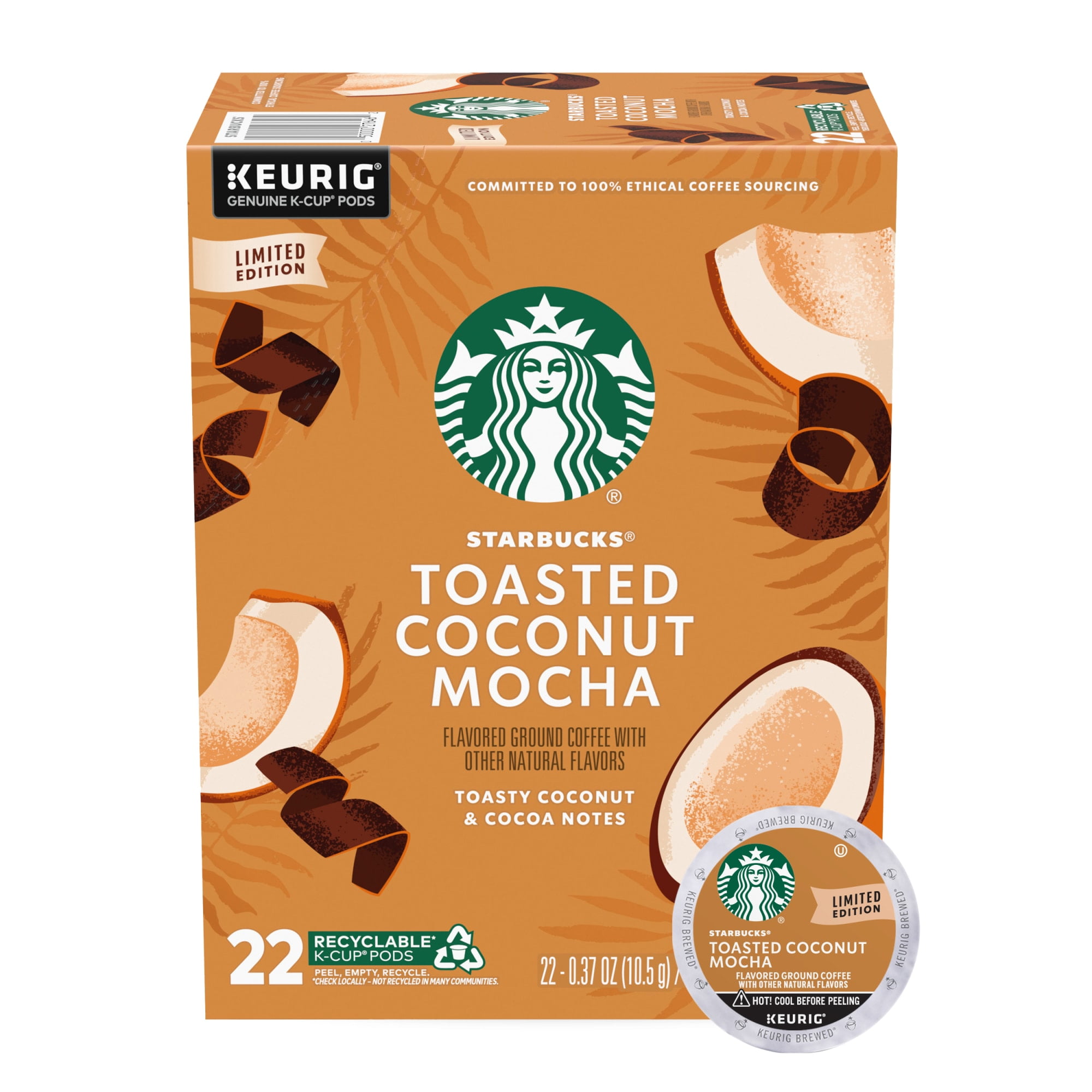 Starbucks Toasted Coconut Mocha, Hot or Iced Coffee, Flavored K-Cup Coffee Pods, 22 Count