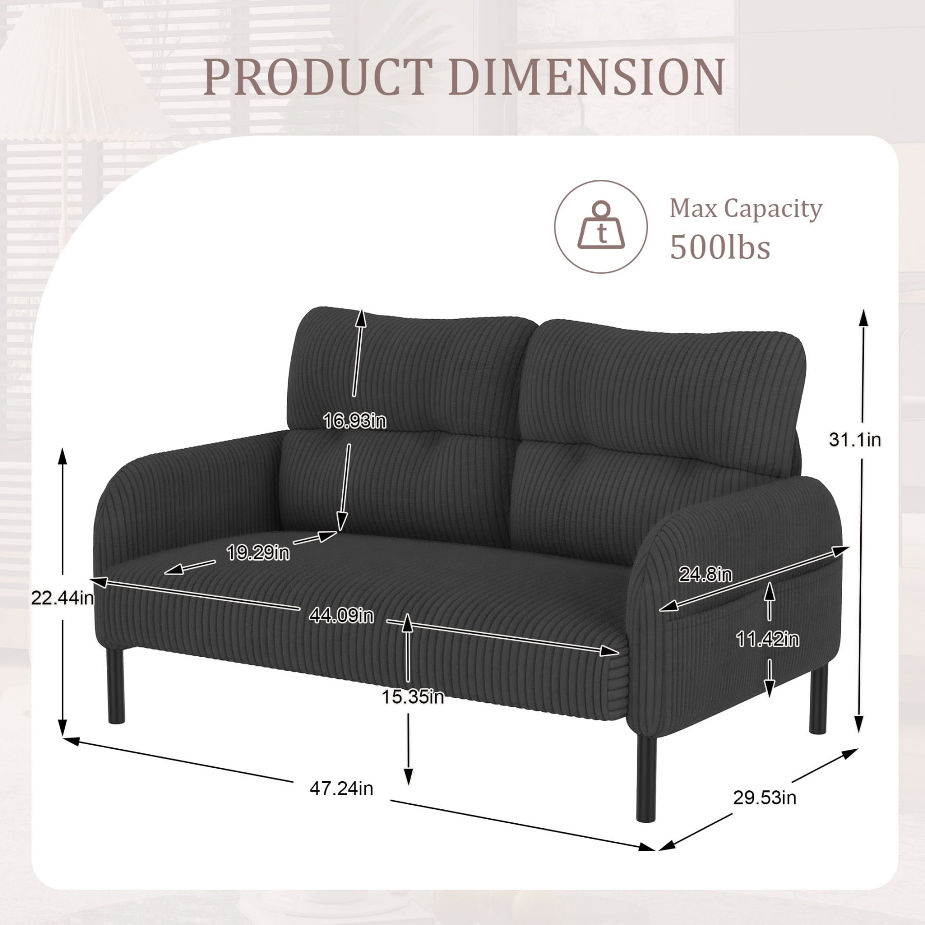 Corduroy Loveseat Sofa, Modern Upholstered Double Sofa Couch with Side Pockets for Living Room Bedroom Apartment, Gray