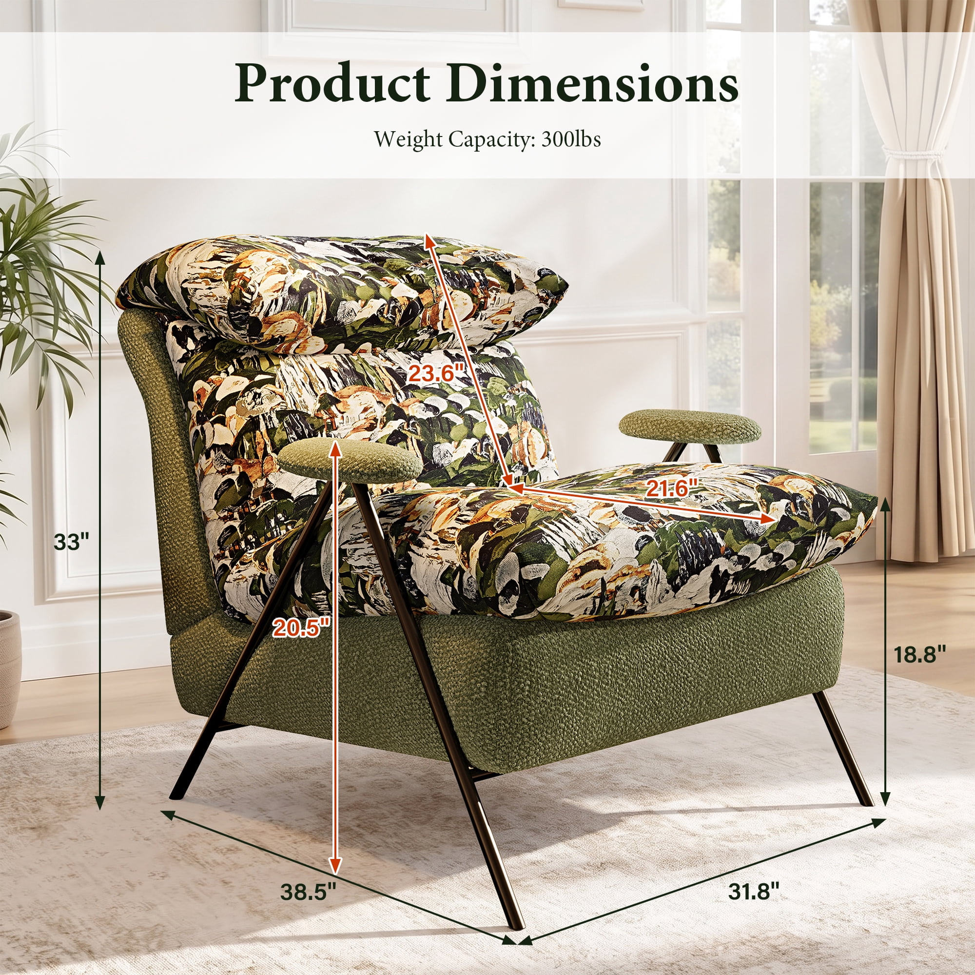 Aukfa Olive Green Floral Accent Chair, Modern Upholstered Armchair with Thick Padded Seat and Back for Living Room & Bedroom