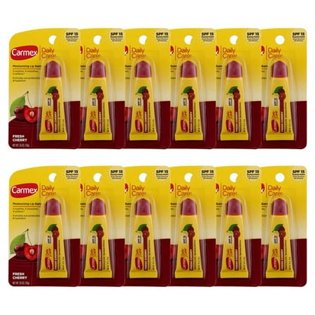 Carmex Daily Care Moisturizing Lip Balm Tube. Softens and Soothes. Water Resistant. Fresh Cherry. 0.35 oz. Pack of 12