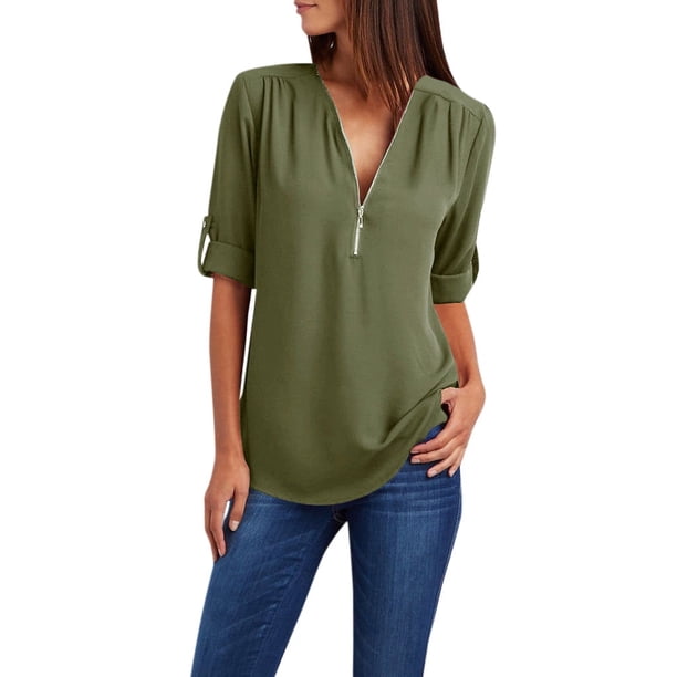 Qucoqpe - Camisas de gasa con cremallera para mujer, blusas holgadas con cuello en V, media manga, dobladillo curvo, para oficina, negocios, informales, lisas, con mangas enrolladas, para salir