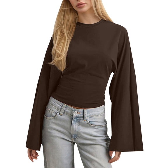 Dyfzdhu Long Sleeve Shirts For Women New Solid Color Round Neck Front Shoulder Wide Sleeve Waist Cinching Long Sleeved Personalized Womens Blouses