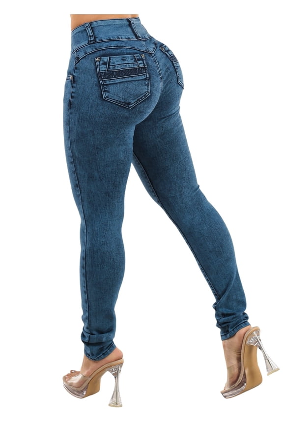 Women's Junior Butt Lifting Mid Rise Stretch Skinny Jeans Dark Acid Wash 10395A