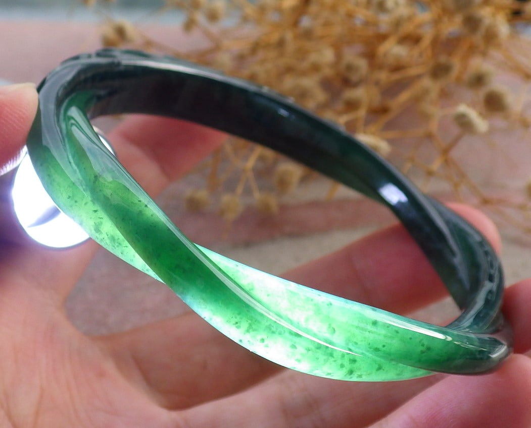 Icy Green Natural A JADE Jadeite Flower Knotted Bangle Bracelet 61 mm 683959 TN