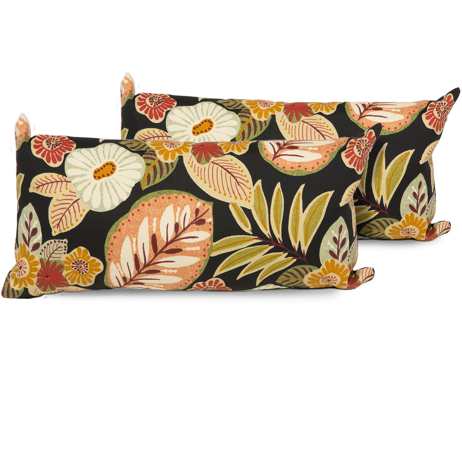 Black Tropical Floral Outdoor Throw Pillows Set of 2