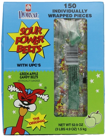 Sour Power Wrapped Green Apple Candy Belts, (Pack of 150)