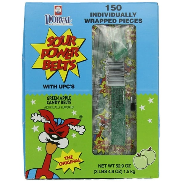 Sour Power Wrapped Green Apple Candy Belts, (Pack of 150)