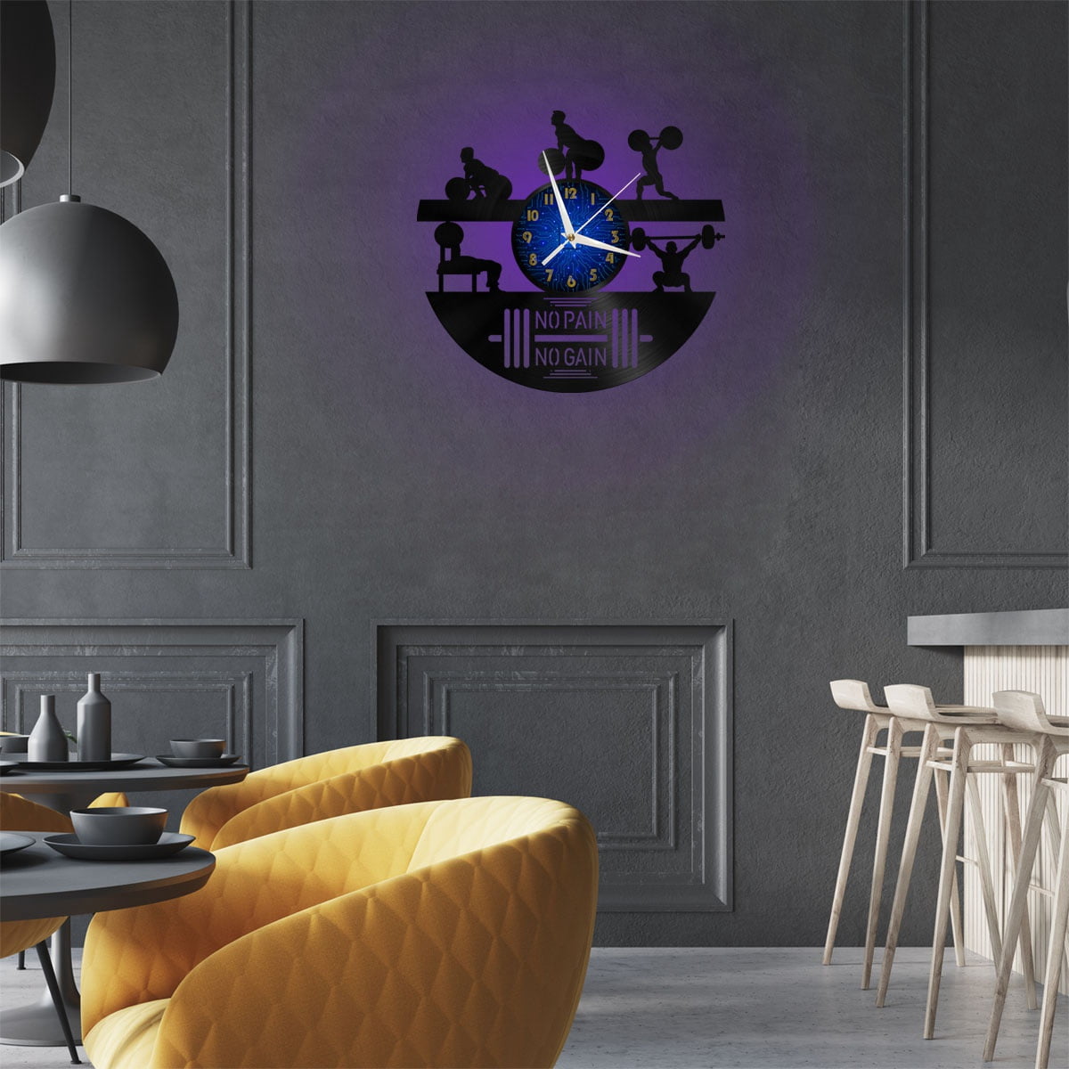 Muscle Building GYM 12 Inch Vinyl Record Wall Clock - Silent, Creative, and Unique Clock for Living Room, Entryway, or Bedroom Decor - Perfect Gift Idea(12 inchs B with LED)