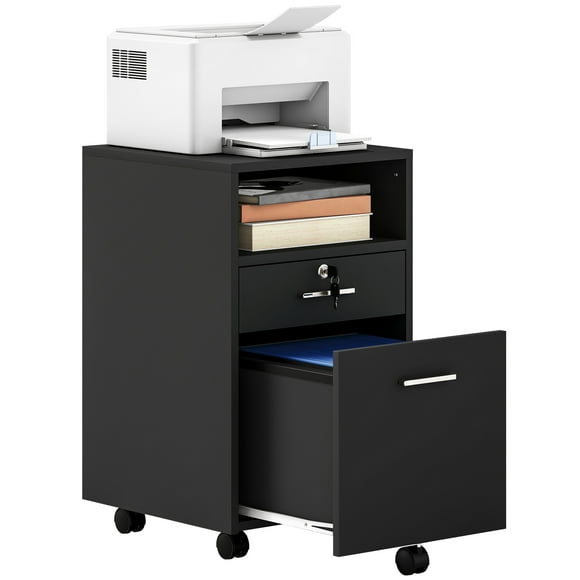 CoSoTower Small Filing Cabinet with 2 Drawers, Lockable Home Office Storage Cabinets on Wheels for A4, Letter Size, Black