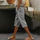 thumbnail image 2 of Pantalones de la Cintura Elástica de las Mujeres Medio Pantalones Cortos Botones de la Cintura Elástica de Verano Lino Bolsillos Pantalones, Lino de Algodón, 2 of 9