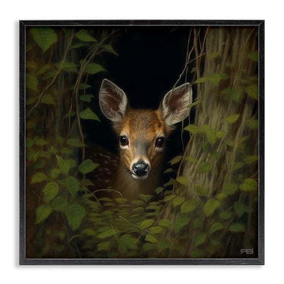 Stupell Industries Traditional Fawn Peeking from Trees Black Framed Giclee Art, 17 x 17, by RB