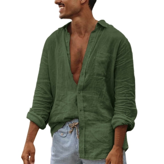 WIZUTIZ Men's Linen Shirt Button Down Long Sleeve Turndown Collar Solid Color Breathable Lightweight Casual Cardigan