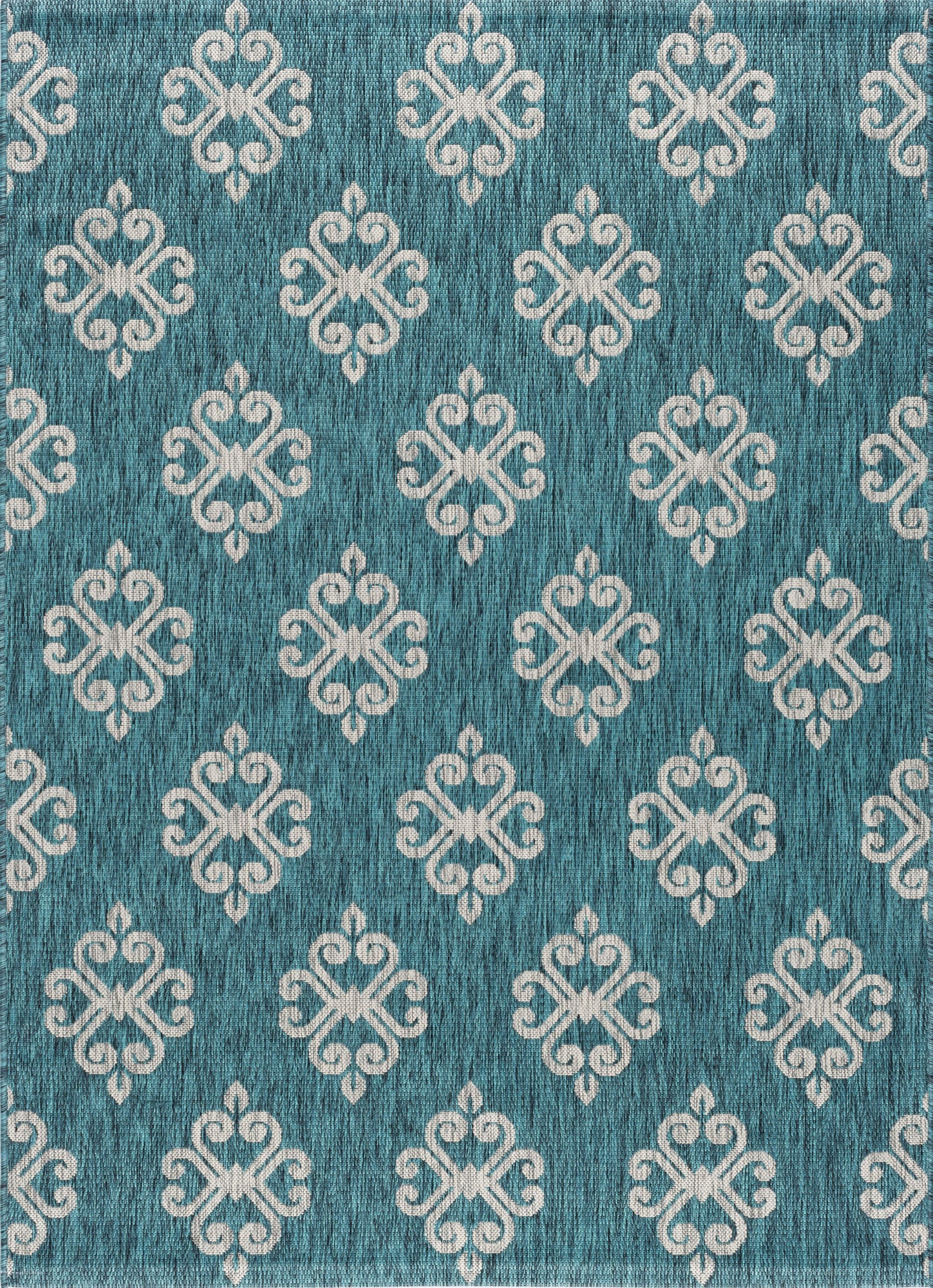 Bliss Rugs Damask Large Indoor Outdoor Area Rug for Patio, Porch, Garden | Teal - Light Gray, 7'10''x10'3''