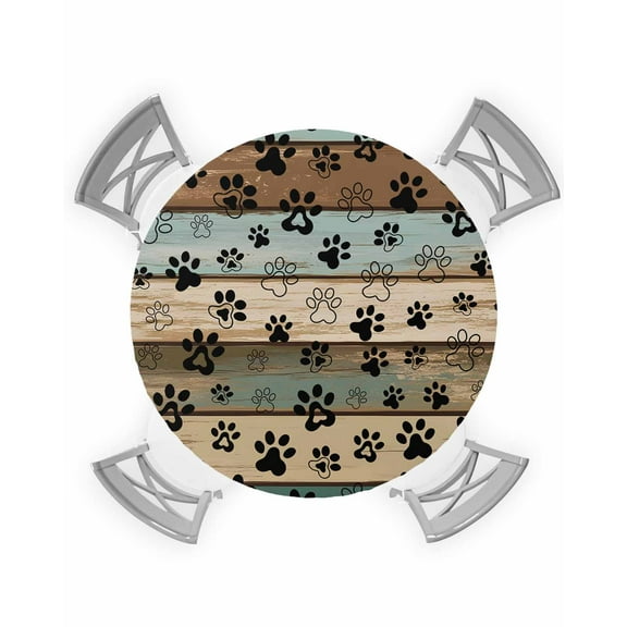 nqOlkjepod Black Paw Print Round Tablecloth, Fitted Table Cover with Elastic for 55"-60" Round Tables, Farmhouse Vintage Shabby Wood Grain Table Cloth Outdoor Dinning Party Waterproof Tablecloths