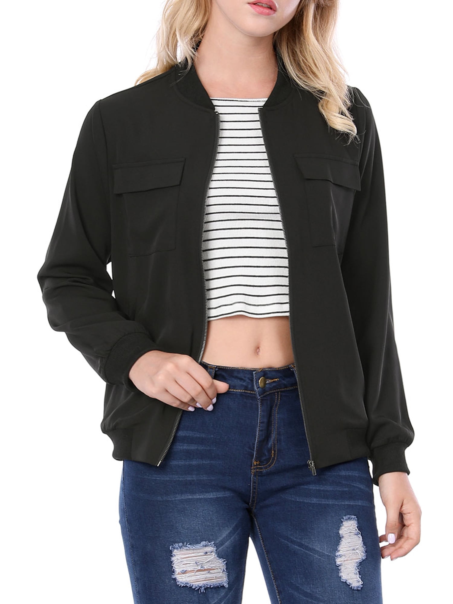 Unique Bargains - Women's Zip Up Pocket Lightweight Casual Classic