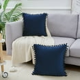 thumbnail image 3 of REGALWOVEN Pack of 2 Velvet Pillow Covers with Pompoms  Decorative Pillow Cases Fringe Cushion Covers Dark Blue 20 x 20 Inch, 3 of 6