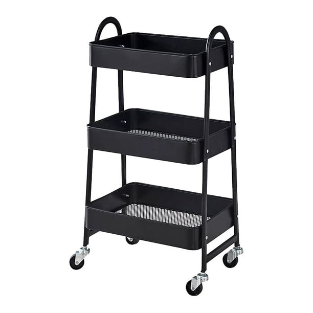 Carrito con ruedas de 3 niveles, carrito de almacenamiento de metal, carrito organizador multifunción para oficina, baño y cocina Negro