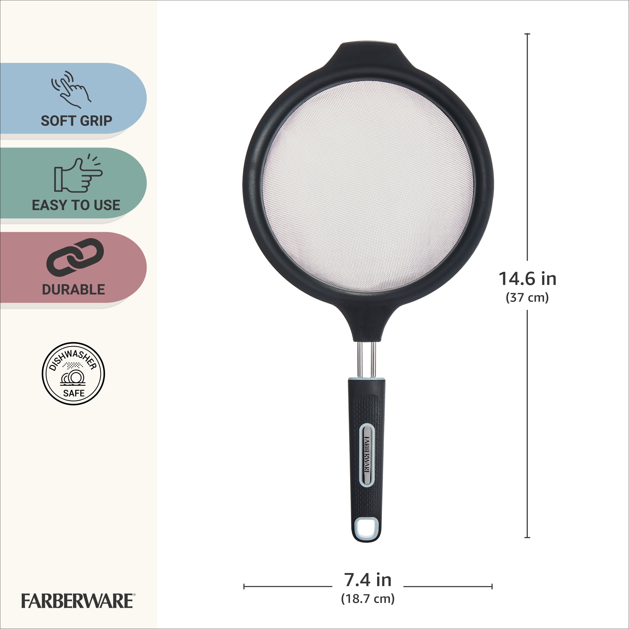 Farberware Soft Grips 7 in Stainless Steel Fine Mesh Strainer, Black with Slate Accents