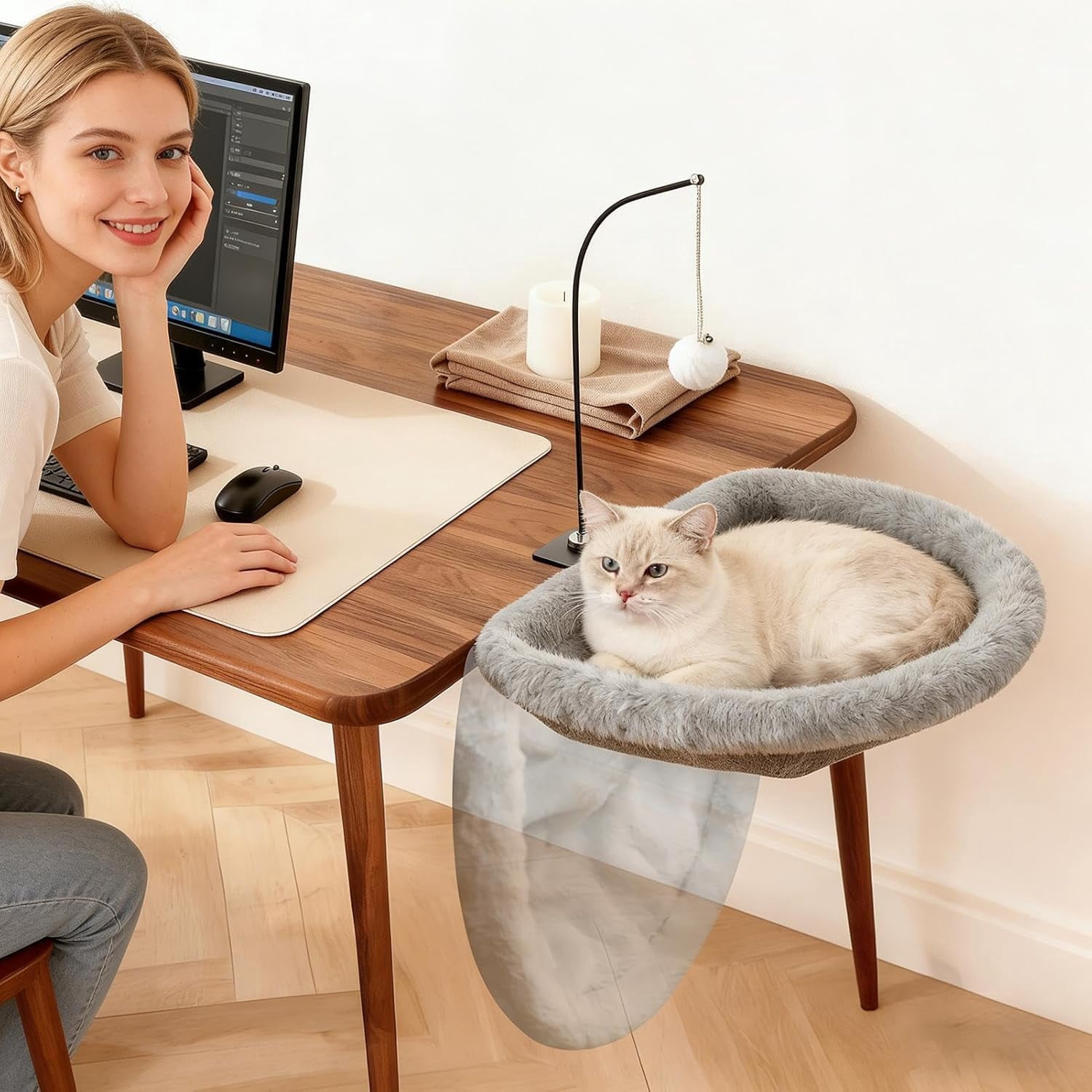 Cat Hammock Desk Mount with Toy Ball Perch