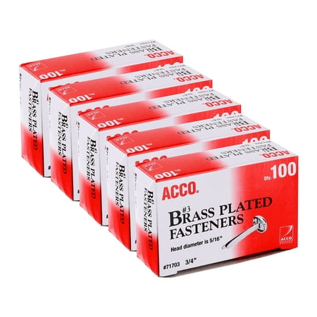 ACCO Brass Paper Fasteners, 3/4", Plated, 5 Boxes, 500 Fasteners (71703)